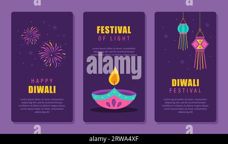 Diwali Grußplakate Set. Feiertagshintergründe für Feierlichkeiten indisches Lichterfest. Vorlagen für Social-Media-Geschichten. Vektordarstellung in Stock Vektor