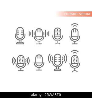 Mikrofon mit Schallwellen-Vektorsymbolen. MIC, Podcast und Musik umreißen das Symbolset. Stock Vektor