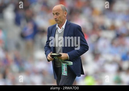 Ondon, England - 13. September 2023: Sky Sports-Kommentator und ehemaliger England-Cricket-Kapitän Nasser Hussain vor Englands ODI gegen Neuseeland Stockfoto