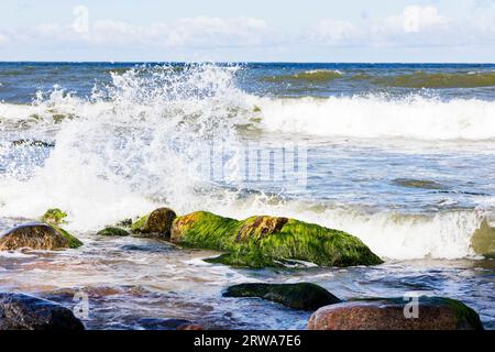 Spritzer und weißer Schaum aus Wellen, die gegen Steine schlagen. Stockfoto