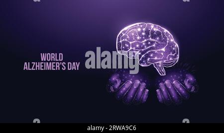 World Alzheimer's Day Konzept. Zwei menschliche Hände halten menschliches Gehirn. Futuristischer moderner abstrakter Hintergrund. Vektorabbildung Stock Vektor