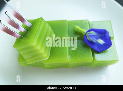 Nahaufnahme einer Scheibe köstlichen Khanom Chan, leckere thailändische Kokosmilch mit Pandan-Saft-Kuchen Stockfoto