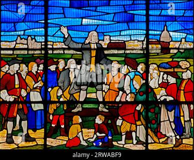 John Wesley, Predigt, zu Menschenmenge, Buntglasfenster, St. Botolph's Church, Aldersgate, London, England Stockfoto