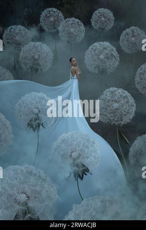 Wunderschöne Ballerina mit riesigen Löwenzahn-Blüten Stockfoto