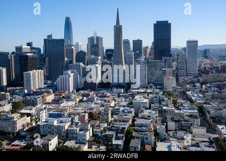 Blick auf die Transamerica Pyramide im Zentrum von San Francisco vom Coit Tower auf Telegraph Hill, Kalifornien, USA Stockfoto
