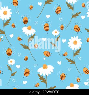 Nahtloses Muster mit Bienen und Gänseblümchen. Gelbes, süßes, gestreiftes Insekt und weiße Kamille. Glückliche Honigbienenfiguren. Dekor aus Textil, Geschenkpapier Stock Vektor