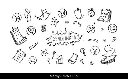 Set mit Doodle-Elementen für Geschäftsfristen. Von Hand gezeichnetes Emoticon, Pfeil, fliegender Papierstapel, Stift, Kalender. Vektorillustration im Skizzenstil Stock Vektor