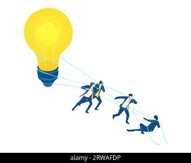 Unternehmensführung. Isometrische Büroflächen, Geschäftsleute arbeiten um Glühbirnen herum als Symbol für die Generierung neuer Inhalte und neuer Ideen. Infografik Stockfoto