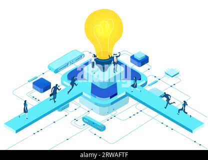 Unternehmensführung. Isometrische Büroflächen, Geschäftsleute arbeiten um Glühbirnen herum als Symbol für die Generierung neuer Inhalte und neuer Ideen. Infografik Stockfoto