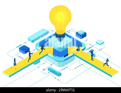 Unternehmensführung. Isometrische Büroflächen, Geschäftsleute arbeiten um Glühbirnen herum als Symbol für die Generierung neuer Inhalte und neuer Ideen. Infografik Stockfoto