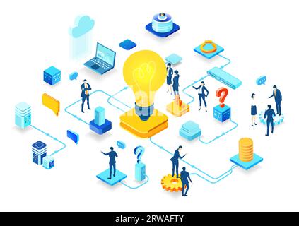Unternehmensführung. Isometrische Büroflächen, Geschäftsleute arbeiten um Glühbirnen herum als Symbol für die Generierung neuer Inhalte und neuer Ideen. Infografik Stockfoto
