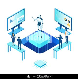 Isometrische Geschäftsumgebung. Roboter und Konzept der künstlichen Intelligenz. Geschäftsleute arbeiten mit Robotern zusammen. Mensch und Roboter Stockfoto