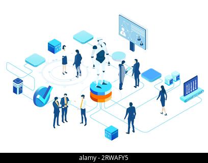 Isometrische Geschäftsumgebung. Roboter und Konzept der künstlichen Intelligenz. Geschäftsleute arbeiten mit Robotern zusammen. Mensch und Roboter Stockfoto