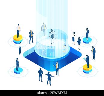 Isometrische Geschäftsumgebung. Roboter und Konzept der künstlichen Intelligenz. Geschäftsleute arbeiten mit Robotern zusammen. Mensch und Roboter Stockfoto