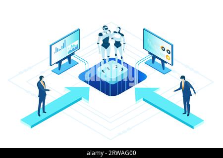 Isometrische Geschäftsumgebung. Roboter und Konzept der künstlichen Intelligenz. Geschäftsleute arbeiten mit Robotern zusammen. Mensch und Roboter Stockfoto