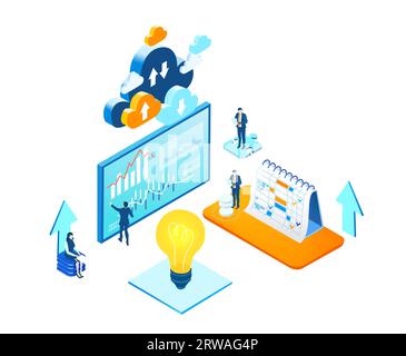 Unternehmensführung. Isometrische Büroflächen, Geschäftsleute arbeiten um Glühbirnen herum als Symbol für die Generierung neuer Inhalte und neuer Ideen. Infografik Stockfoto