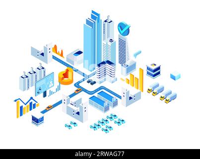 Unternehmen, Logistik, Banken, Investitionen in der Stadt. Geschäftsleute, die an Logistikproblemen arbeiten. Isometrische Geschäftsumgebung Stockfoto