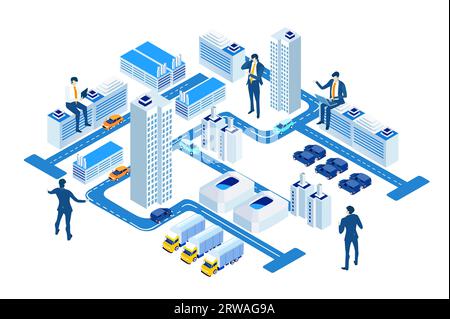 Unternehmen, Logistik, Banken, Investitionen in der Stadt. Geschäftsleute, die an Logistikproblemen arbeiten. Isometrische Geschäftsumgebung Stockfoto