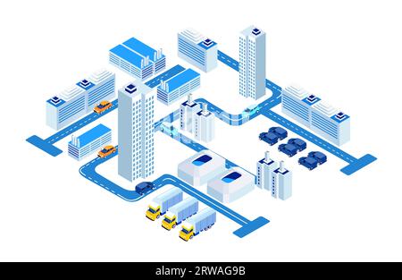 Unternehmen, Logistik, Banken, Investitionen in der Stadt. Geschäftsleute, die an Logistikproblemen arbeiten. Isometrische Geschäftsumgebung Stockfoto