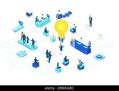 Unternehmensführung. Isometrische Büroflächen, Geschäftsleute arbeiten um Glühbirnen herum als Symbol für die Generierung neuer Inhalte und neuer Ideen. Infografik Stockfoto