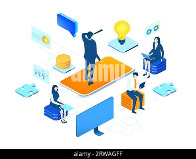 Unternehmensführung. Isometrische Büroflächen, Geschäftsleute arbeiten um Glühbirnen herum als Symbol für die Generierung neuer Inhalte und neuer Ideen. Infografik Stockfoto