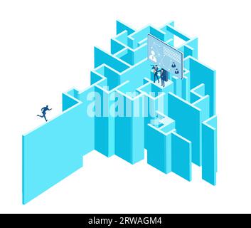 Labyrinth- und Geschäftsleute arbeiten zusammen und sortieren Probleme. Isometrische 3D-Geschäftsumgebung. Infografik zum Unternehmensmanagement. Stockfoto