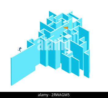 Isometrische 3D-Labyrinth-Geschäftsumgebung. Unternehmensführung. Isometrischer Raum, Geschäftsleute im Labyrinth arbeiten zusammen und lösen die Probleme Stockfoto