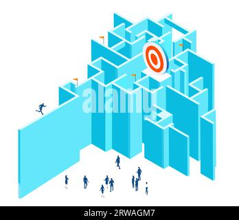 Labyrinth- und Geschäftsleute arbeiten zusammen und sortieren Probleme. Isometrische 3D-Geschäftsumgebung. Infografik zum Unternehmensmanagement. Stockfoto