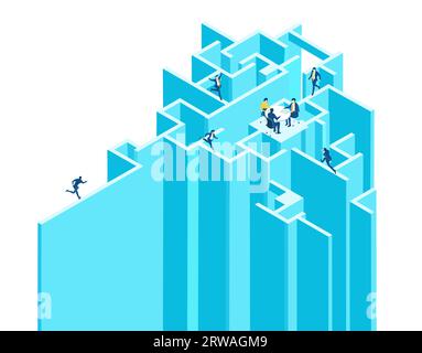 Labyrinth- und Geschäftsleute arbeiten zusammen und sortieren Probleme. Isometrische 3D-Geschäftsumgebung. Infografik zum Unternehmensmanagement. Stockfoto