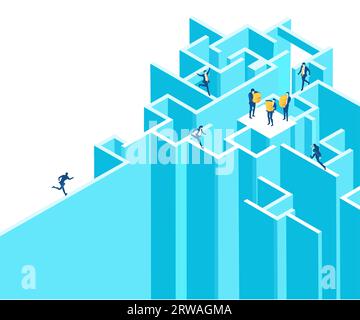 Labyrinth- und Geschäftsleute arbeiten zusammen und sortieren Probleme. Isometrische 3D-Geschäftsumgebung. Infografik zum Unternehmensmanagement. Stockfoto