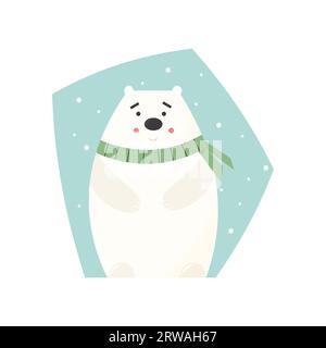 Der süße weiße Eisbär trägt einen gestrickten Schal und lächelt. Vektor flache Illustration isoliert auf weißem Hintergrund. Bereit für Grußkarten, p Stock Vektor