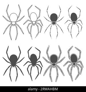 Schwarz-weiß-Illustrationen mit Spinne. Isolierte Vektorobjekte auf weißem Hintergrund. Stock Vektor