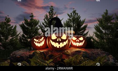 Gruselige, glühende Kürbisse in der Nacht in der Natur, Halloween. 3D-Rendering Stockfoto