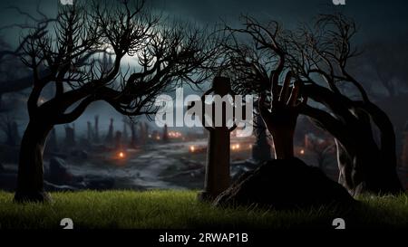 Halloween Hand von auferstandenen Toten aus dem Grab auf dem Friedhof, Grabkreuze, Zombies in der Nacht. 3D-Rendering Stockfoto