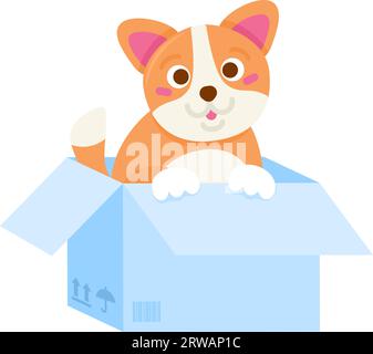 Kleine Adoptivwelpen sitzen in einer Pappschachtel als Geburtstagsgeschenk. Obdachloser Hund. Haustier- und Tierpflegekonzept. Vektor-Zeichentrickillustration isoliert auf Stock Vektor