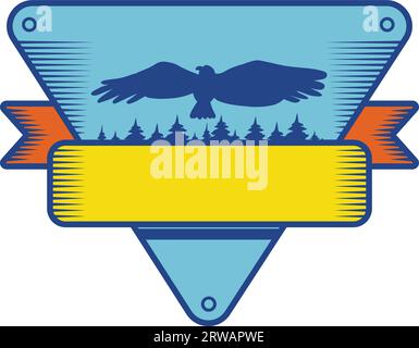 Farbiges Logo des Fliegenden Adlers mit offenen Flügeln. Abzeichen-Vorlage für Slogan und Markenbezeichnung vor dreieckigem Hintergrund und dekorativem Band. Alt Stock Vektor