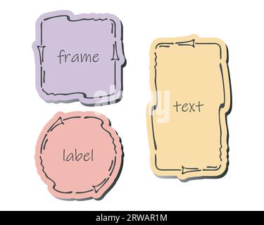 Doodle-Rahmen festgelegt. Handgezeichnete Pinselstriche mit Wellenlinien, Pastellfarben. Quadratische, rechteckige, kreisförmige geometrische Formen. Stylisches Cartoon-Design Stock Vektor