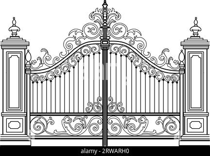 Skizze geschmiedeter Metalltore. Künstlerisch schmiedete zweiflügelige Gartentüren aus Eisen Stock Vektor