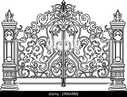 Skizze geschmiedeter Metalltore. Künstlerisch schmiedete zweiflügelige Gartentüren aus Eisen Stock Vektor