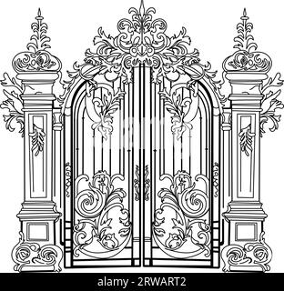 Skizze geschmiedeter Metalltore. Künstlerisch schmiedete zweiflügelige Gartentüren aus Eisen Stock Vektor