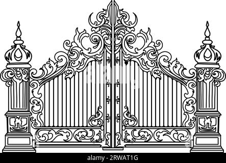 Skizze geschmiedeter Metalltore. Künstlerisch schmiedete zweiflügelige Gartentüren aus Eisen Stock Vektor