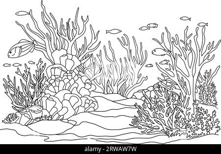 Meeresboden Färbung Seite mit Fischen und Algen. SEA LIFE Malbuch. Stock Vektor