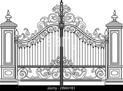 Skizze geschmiedeter Metalltore. Künstlerisch schmiedete zweiflügelige Gartentüren aus Eisen Stock Vektor