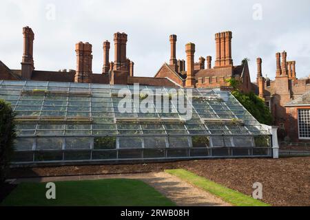 Gewächshaus mit der großen Rebe im Garten des Hampton Court Palace in Richmond upon Thames, London. UK. Es ist die größte Rebe der Welt. Das Wurzelsystem befindet sich außerhalb des Glashauses. (135) Stockfoto