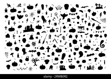 Doodle Halloween Silhouette Set. Handgezeichneter HerbstKürbis, Grab, Geist, Kreuz, Auge auf weißem Hintergrund. Niedliches Gruselbanner für die Herbstferien, Stock Vektor