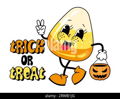 Trick or Treat - Happy Herbstillustration mit Zuckermais-Charakter. Lustige Retro-Halloween-Karte im Herbst mit Vintage-Cartoon-Kürbis-Figur in gro Stock Vektor