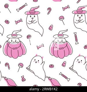 Pinkfarbene gruselige halloween-Geister mit süßem, nahtlosem Muster und einem Hintergrund mit Wiederholungsdruck. Toll für Kinder und Wohnkultur. Oberflächenmuster. Vektor Stock Vektor