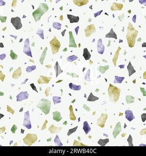 Abstraktes italienisches Terrazzo-Nahtloses Muster. Verstreute mehrfarbige Steine handgezeichnete Aquarelle dekorative Textur. Gebrochenes Buntglas, farbenfrohe Form Stockfoto