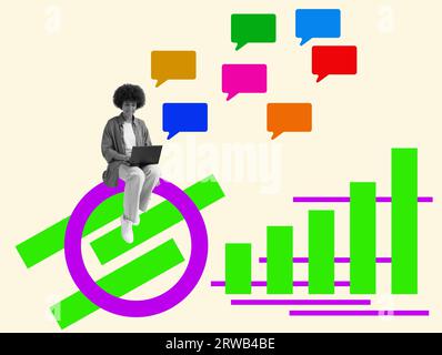 Collage mit einer Frau, die Nachrichten auf einem Laptop schreibt. Kundenüberprüfungskonzept. Stockfoto