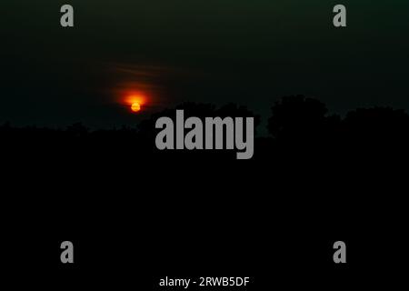 Sonnenuntergang vor den Bäumen ist die Zeit am Abend, wenn die Sonne vom Himmel verschwindet. Die Abenddämmerung beginnt bei Sonnenuntergang. Sunse Stockfoto